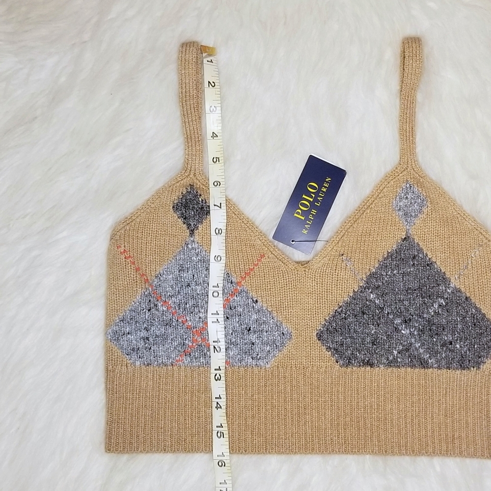 POLO RALPH LAUREN Argyle Knit Cashmere Wool Crop Ekose Camel Brown Top - Picture 9 of 11
